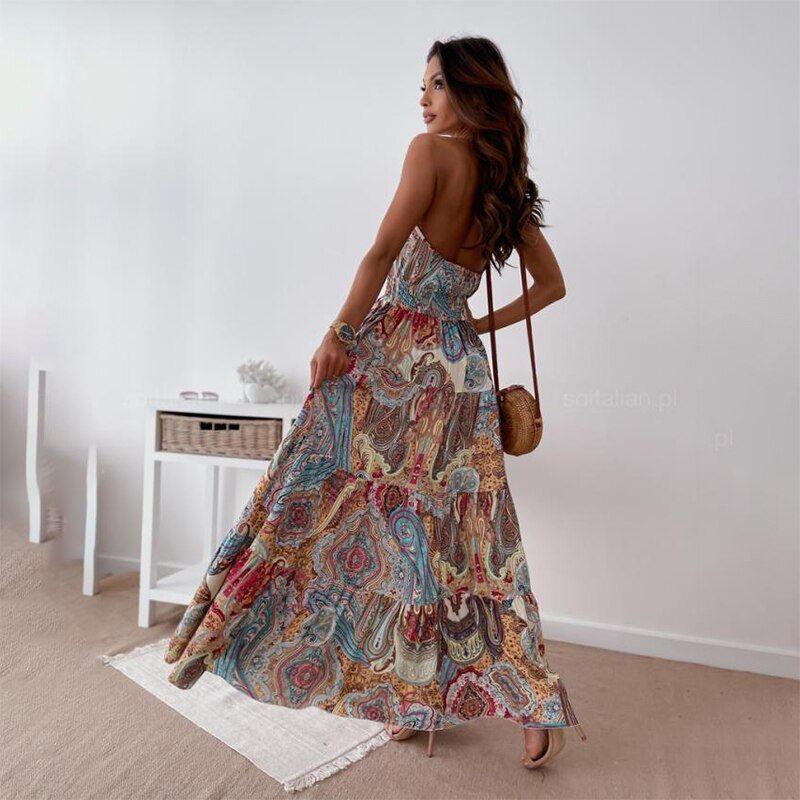 Vestido Feminino Hills Estampado Longo Decote nas Costas Primavera Verão