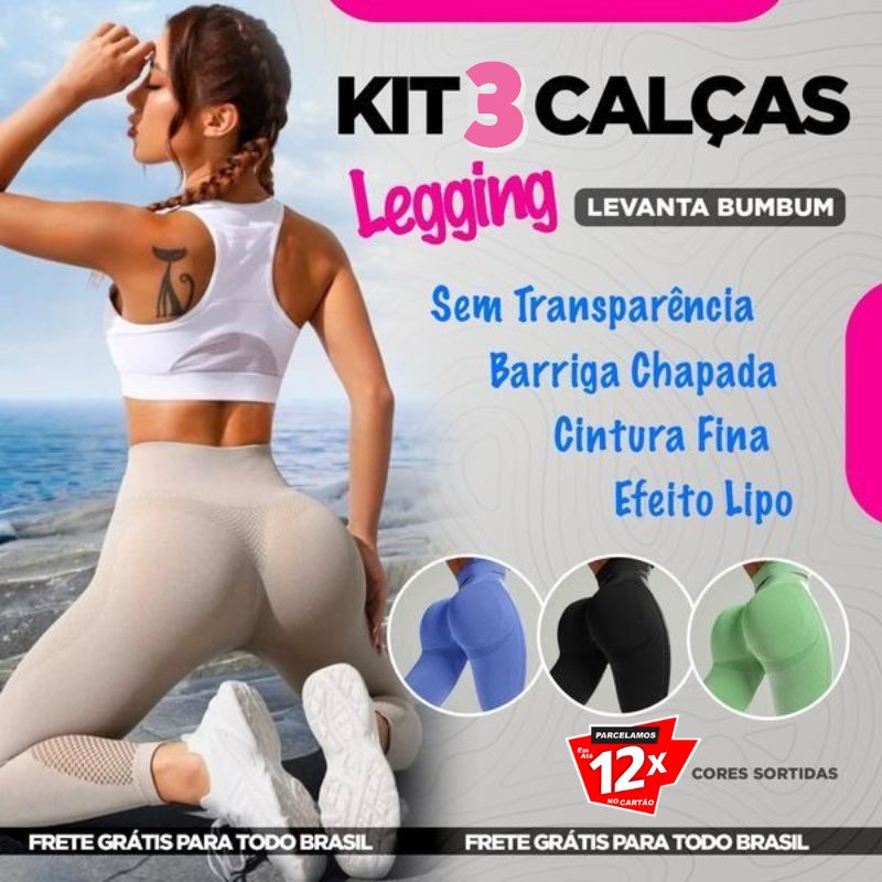 Kit 3 Calças Legging - Levanta Bum Bum - Cores Sortidas