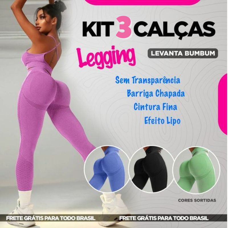 Kit 3 Calças Legging - Levanta Bum Bum - Cores Sortidas