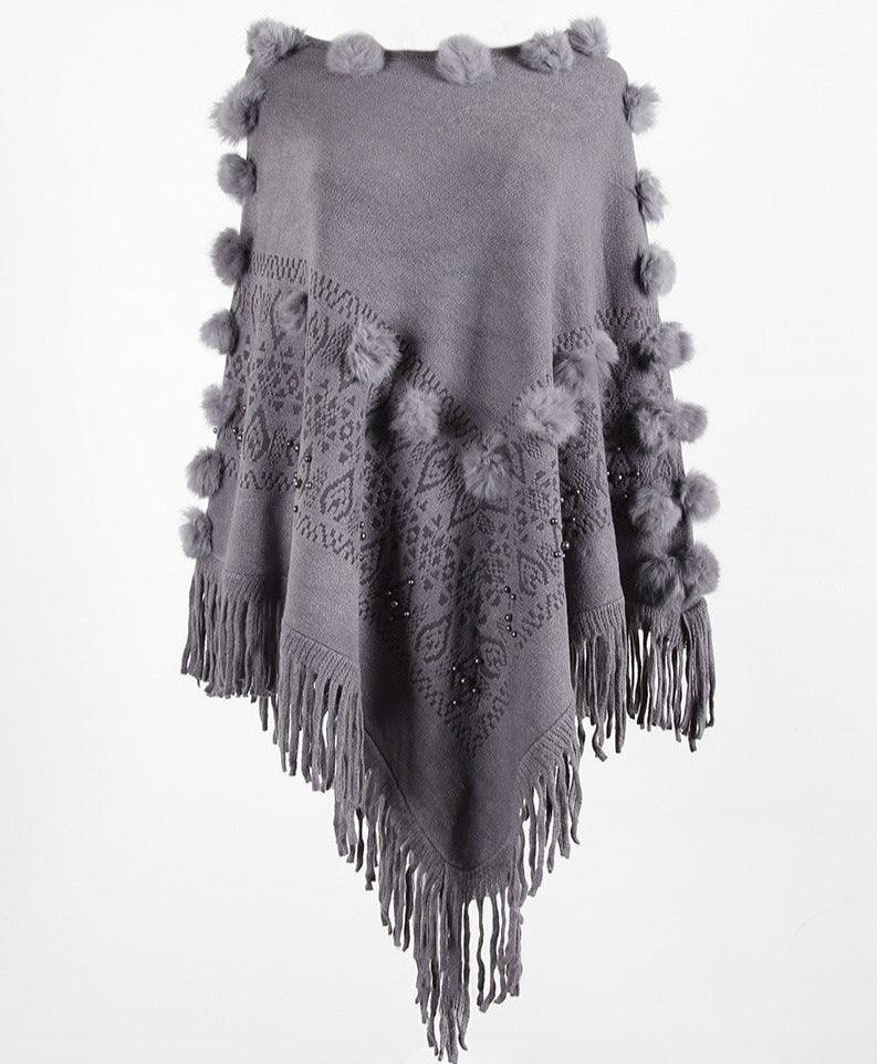 Poncho Feminino Zaya Tricô Pompom Franja - O toque de charme que seu look precisa!