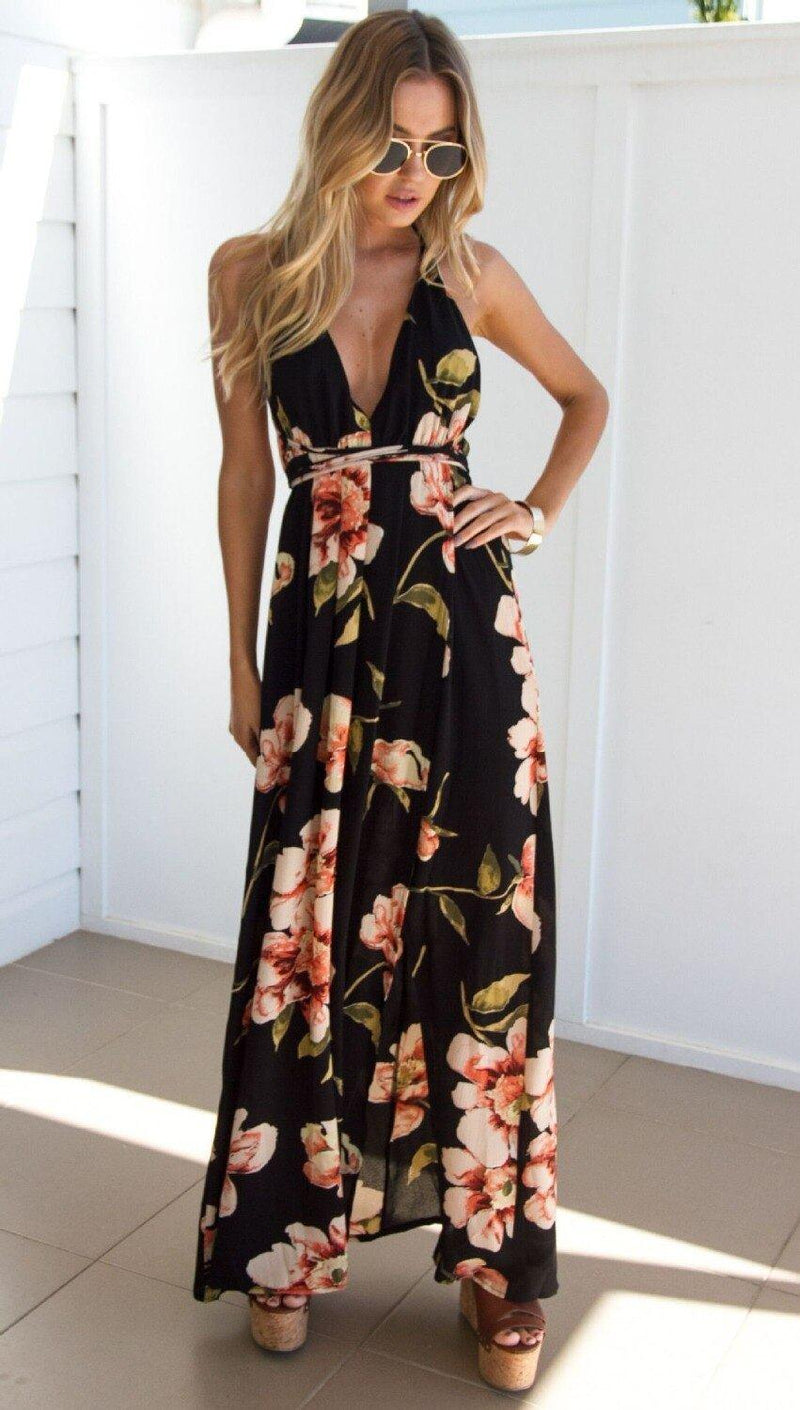 Vestido Feminino Floral Longo com Fenda Primavera Verão