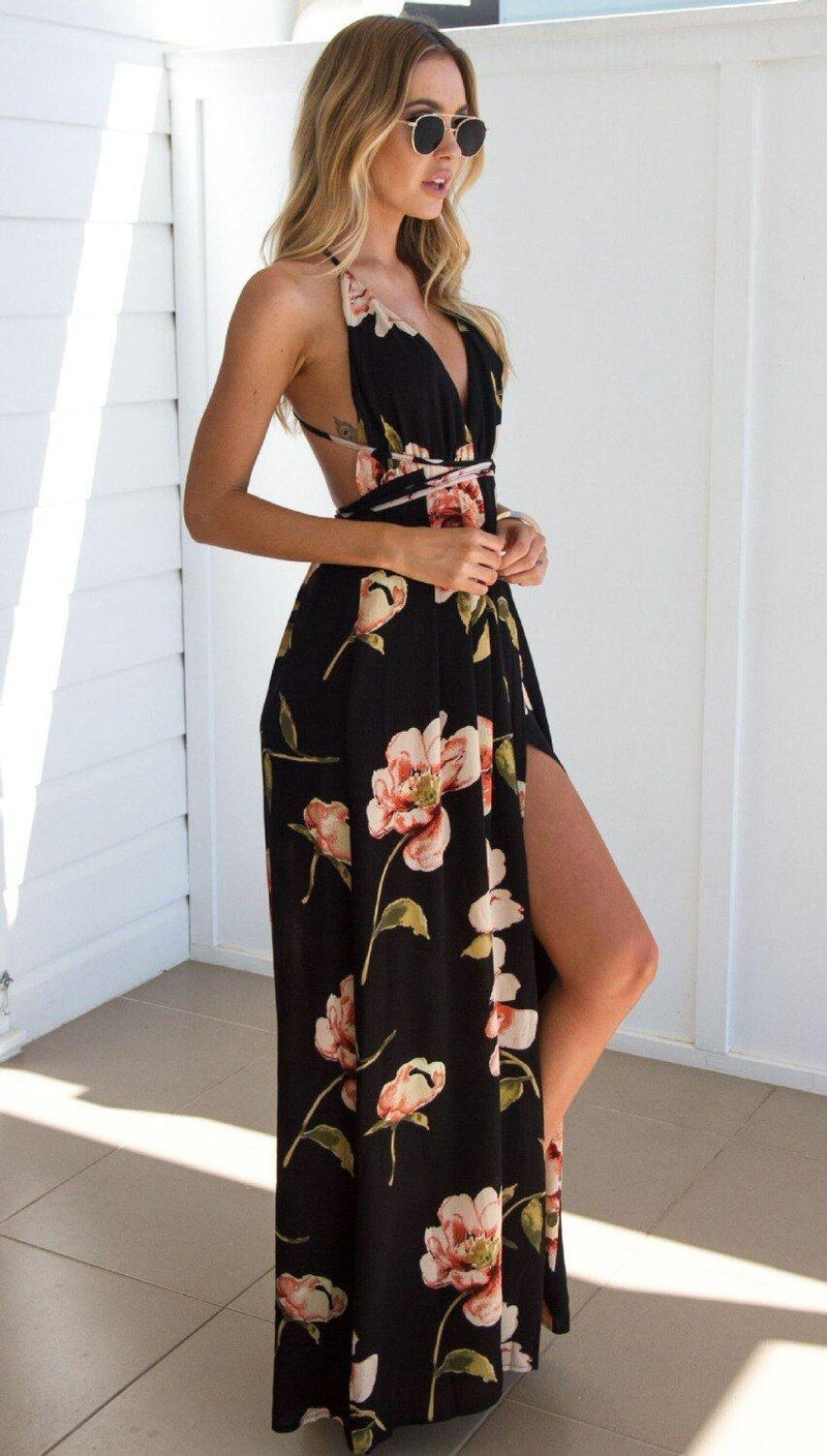 Vestido Feminino Floral Longo com Fenda Primavera Verão