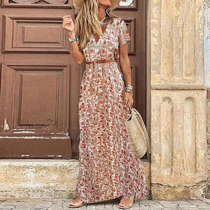 Vestido Feminino Laura Longo Manga Curta Estampado Verão