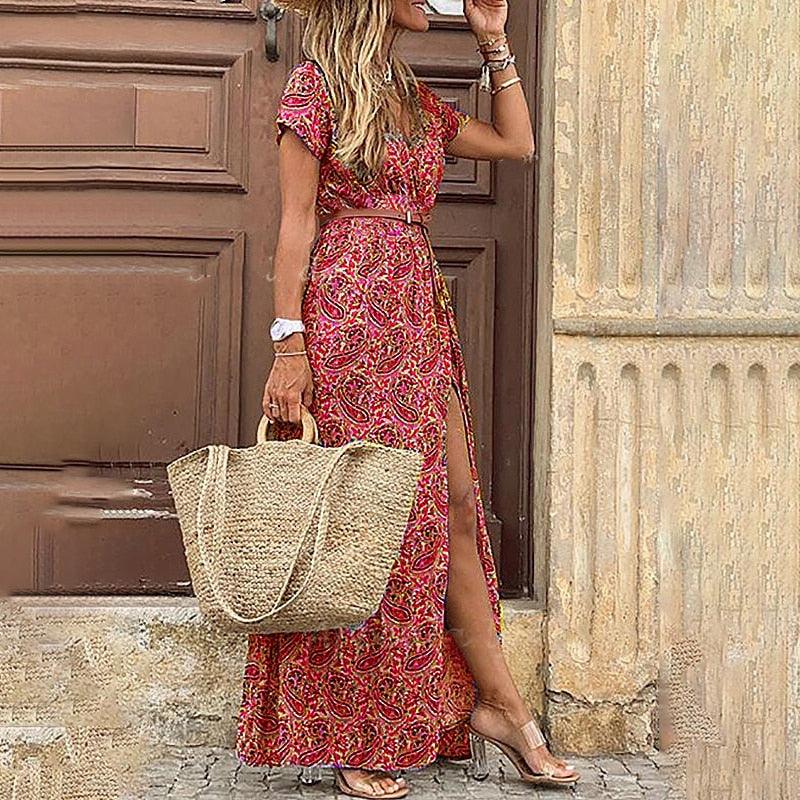 Vestido Feminino Laura Longo Manga Curta Estampado Verão