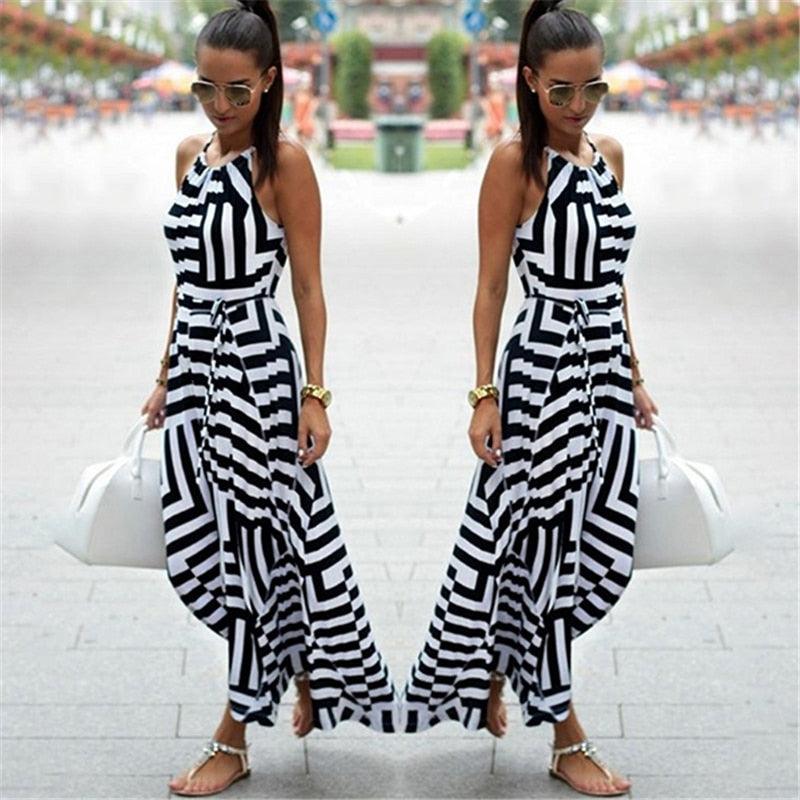 Vestido Feminino Nina Longo Estampado Preto e Branco Verão